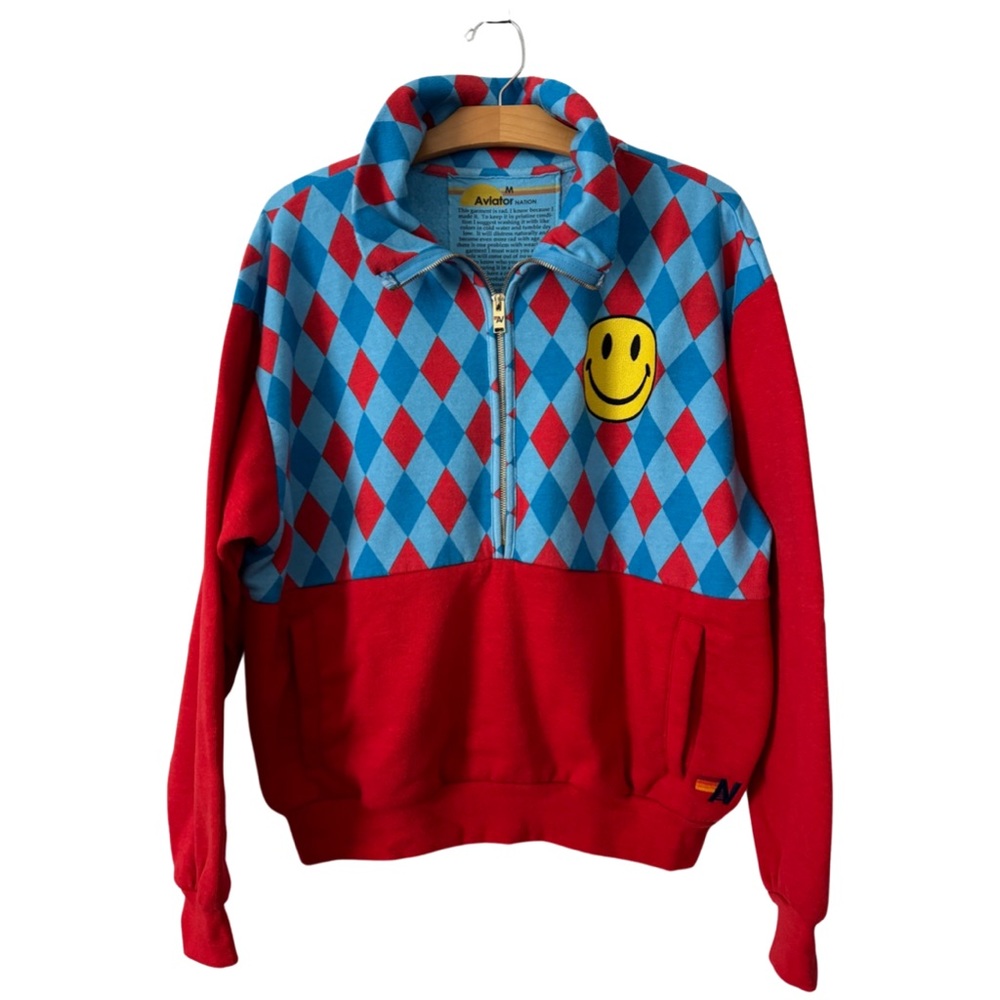 Aviator Nation Half-zip Smiley Sweatshirt | Size: medium | Color: Red/Blue